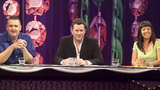 Early days of music game show Spicks and Specks with Alan Brough, Adam Hills and Myf Warhurst.