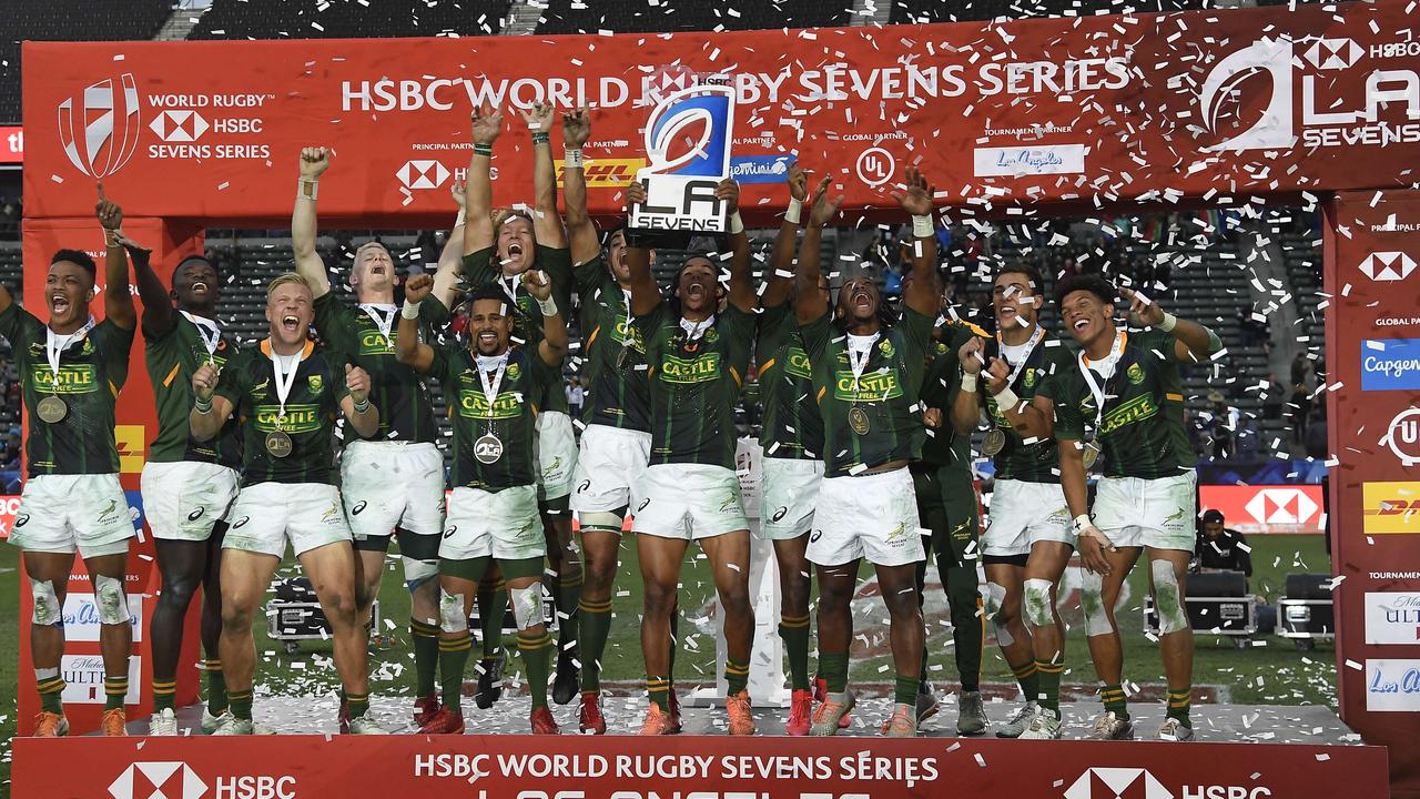 South Africa celebrate claiming the Los Angeles Sevens.