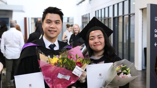 Master of Laboratory Medicine graduates Joel Bijosono and Kelly Widjaja at the University of Tasmania 2024 Winter Graduations ceremony in Launceston. Picture: Stephanie Dalton