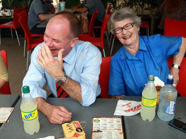 Campbell Newman shares a laugh with his mother, former senator Jocelyn Newman during one of his election campaigns. 