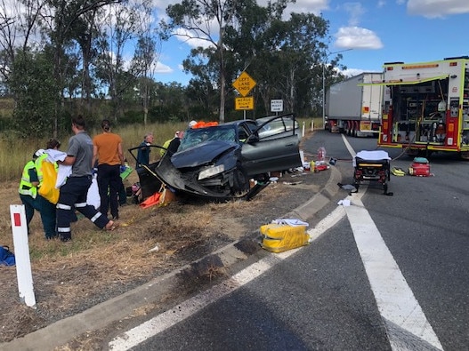 A woman in her mid-20's was airlifted to Rockhampton Hospital with lower limb and head injuries following a crash on the Bruce Highway.