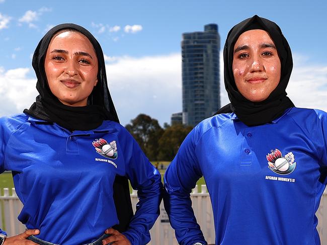 MELBOURNE, AUSTRALIA - JANUARY 27: Firoza Amiri and Nahida Sapan of the Afghanistan XI pose during a media opportunity with the Afghanistan XI ahead of the Afghanistan XI v Cricket Without Borders XI Cricket Game at Junction Oval on January 27, 2025 in Melbourne, Australia. (Photo by Morgan Hancock/Getty Images for Cricket Australia)