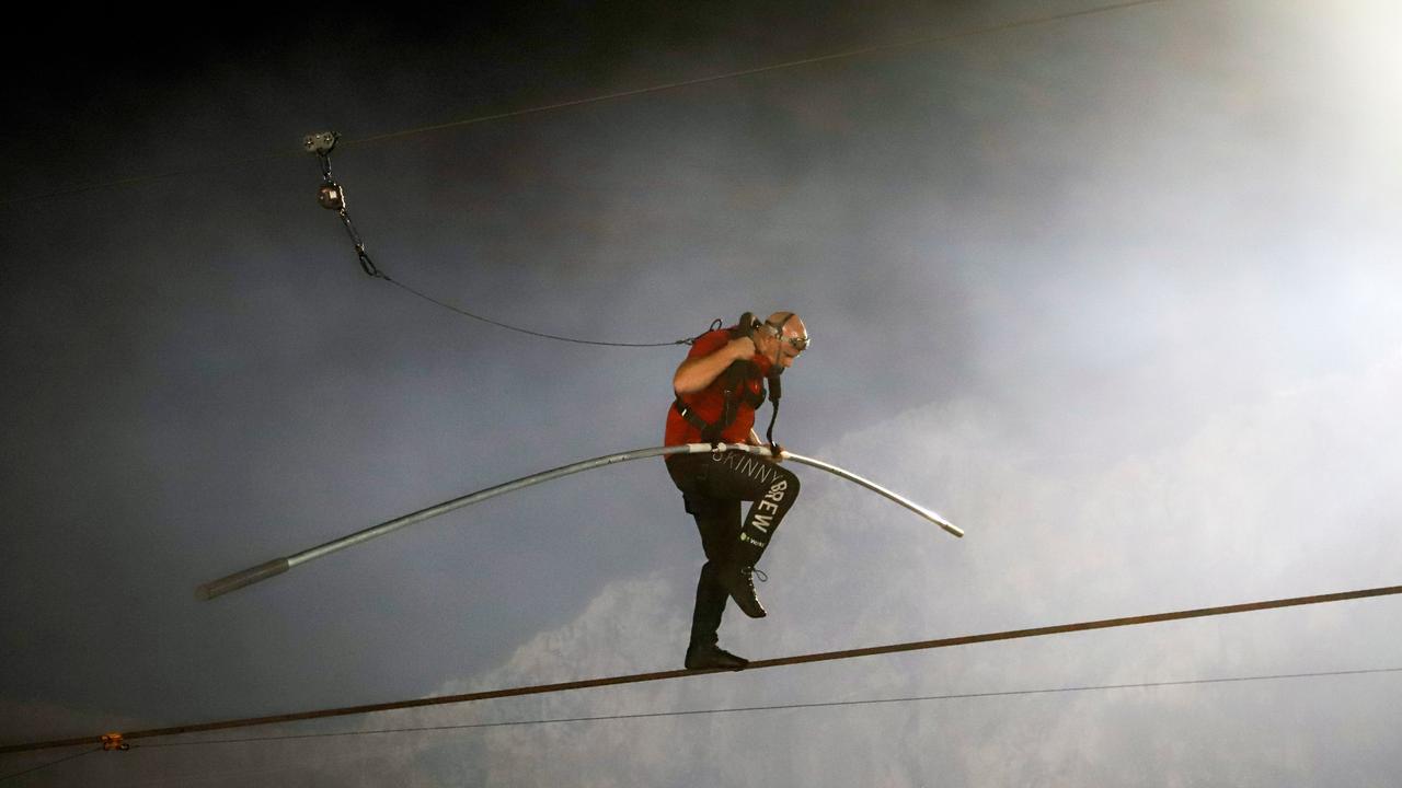 US acrobat Nik Wallenda as he crosses the tightrope over the Masaya Volcano in Nicaragua. Picture: Picture: Jeff Daly / ABC /AFP