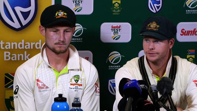 Then-Australian captain Steve Smith flanked by teammate Cameron Bancroft addressing ball tampering claims this year. Photo: AFP