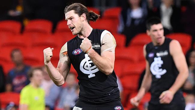 Bryce Gibbs celebrates a goal in Carlton’s win over Gold Coast.