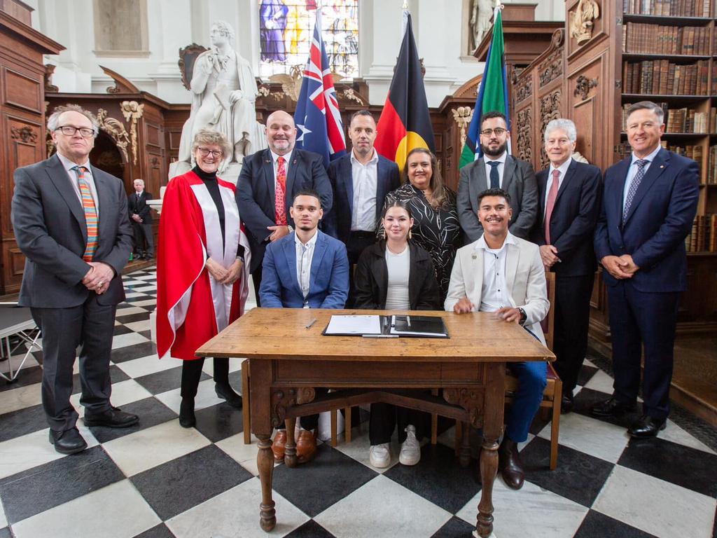 The delegation representing the La Perouse Aboriginal community and Dharawal people travelled to Trinity College Cambridge for the official repatriation ceremony. Since 1914 the four spears had been cared for by the Museum of Archaeology and Anthropology. Picture: supplied