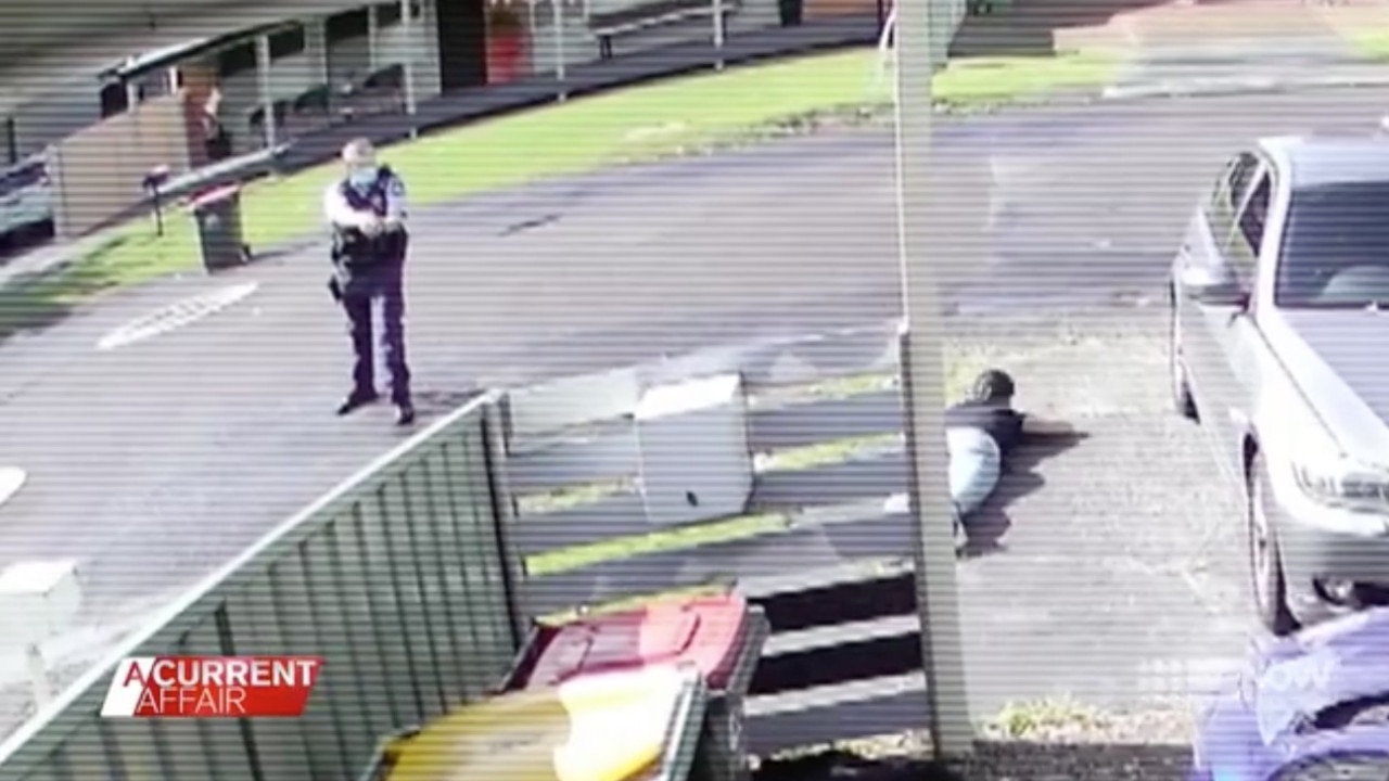 Security footage captured the incident, showing Ms Hartcher on the ground. Picture: ACA, Channel 9