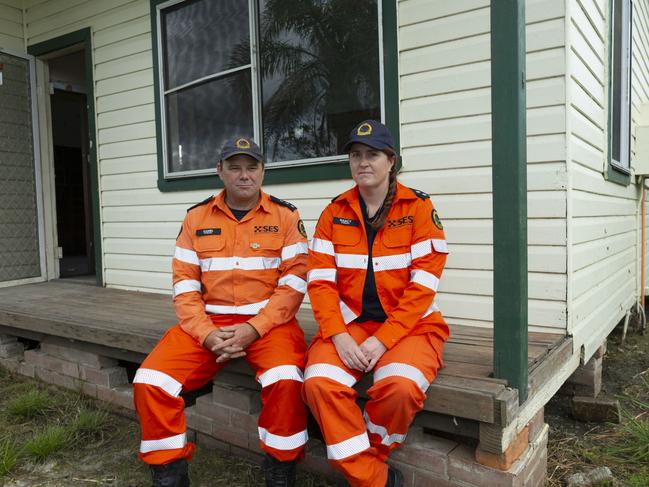 SES volunteers Nancy Grimm and Daniel Clark at their home that was destroyed in the Lismore 2022 floods. Picture: Brendan Beirne