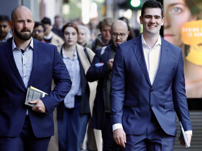 MELBOURNE, AUSTRALIA - NewsWire Photos - OCTOBER 9, 2024. Jacob Hersant and his associate Thomas Sewell arrive at Melbourne Magistrates court. Hersant is the first person in Victoria convicted of performing a banned Nazi salute outside the County Court on October 27, 2023 Picture: David Geraghty / NewsWire