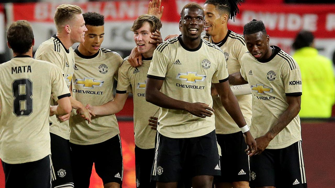 Manchester United youngster James Garner (fourth left) drilled home a long range strike for his side’s second goal. Picture: Getty Images