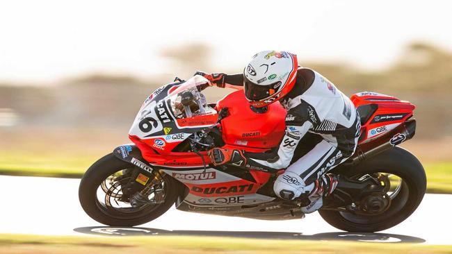 OUT TO WIN: Brisbane boy Mike Jones racing his Desmosport Ducati. Picture: Andrew Gosling