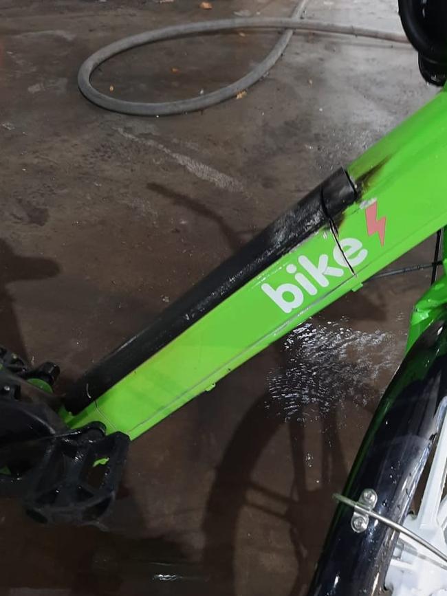 Damage caused to an e-bike when its battery exploded in Chatswood, Sydney, on February 17.