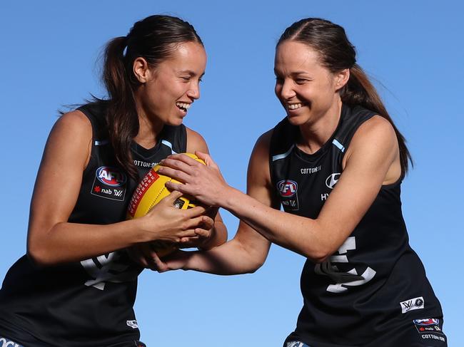 HOLD FOR HERALD SUN PIC DESK----AFLW Carlton players Brooke Walker and Chloe Dalton at Ikon Park in Carlton. Picture: Alex Coppel.