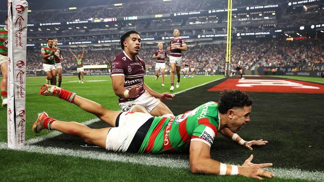 Jacob Gagai of the Rabbitohs scores a try. Photo by EZRA SHAW / GETTY IMAGES NORTH AMERICA / Getty Images via AFP.