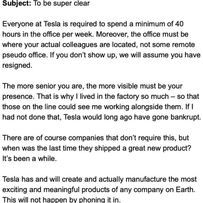 Mr Musk then sent a follow up email to the wider Tesla team. Picture: X