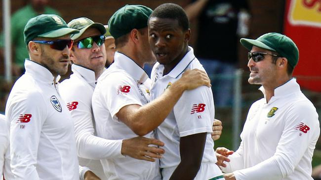 South African paceman Kagiso Rabada, second right, gets fired up during the second Test. Picture: AP