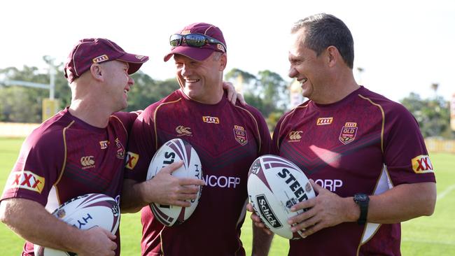 Langer, Gillmeister and Steve Walters in Queensland Orign camp. Pic Peter Wallis