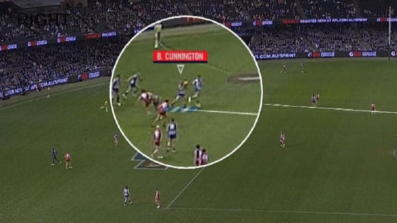 Sydney runner Jeremy Laidler appeared to be occupying space near North Melbourne's spare man as the Kangaroos emerged from a contest late against the Swans.