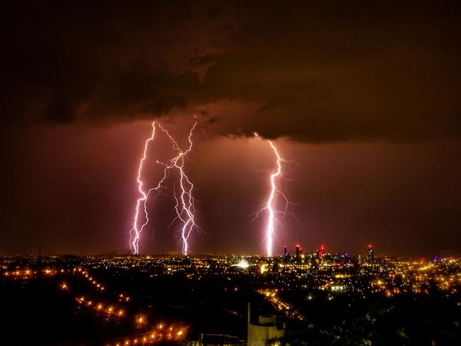 Image of lightning from Mt Coot-tha looking towards the city during the storm in Brisbane early this morning. MUST CREDIT Thomas Hinterdorfer/Higgins Storm Chasing