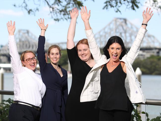 From left, Rachel Connors, Olivia Roberts, Alana Paterson and Sophia Pippos celebrate the court decision. Picture: Peter Wallis