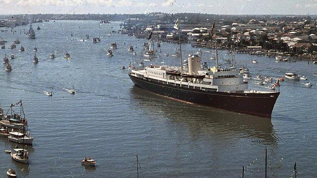 The Royal Yacht <i>Britannia </i>carrying Queen Elizabeth and Prince Philip arrives in Brisbane.