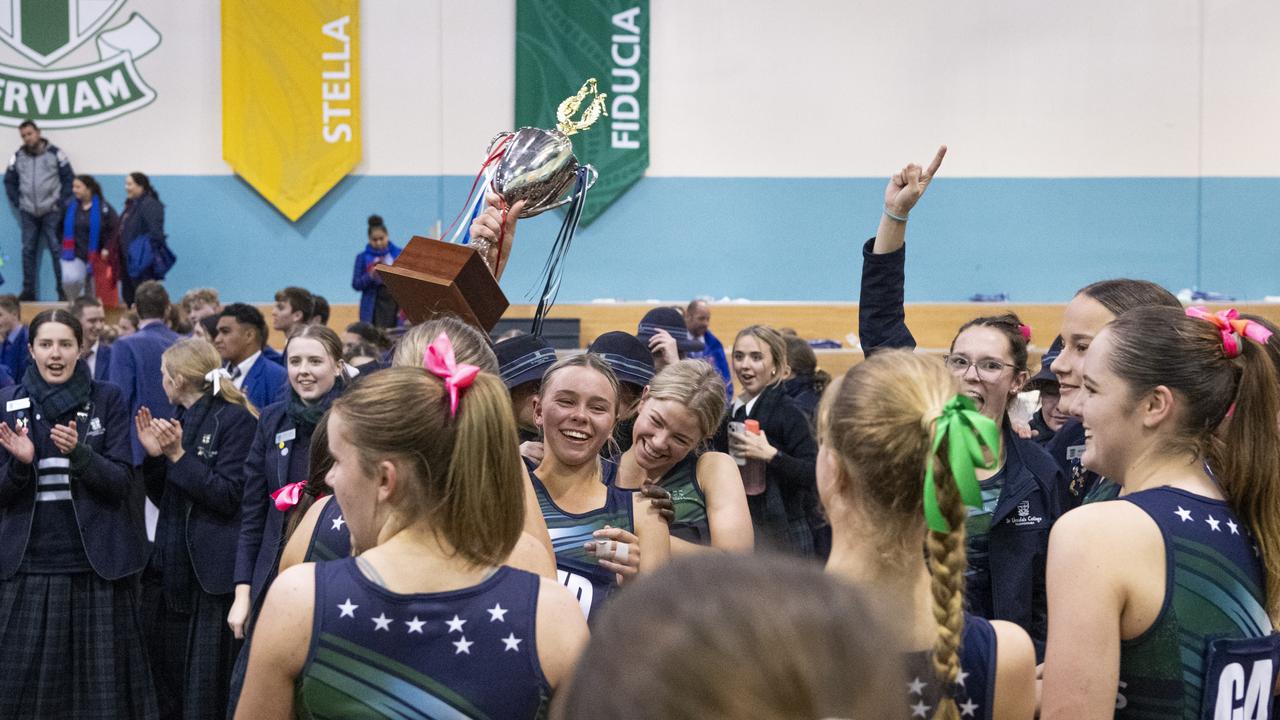 St Ursula's Senior A team lift the the Merici-Chevalier Cup after defeating Downlands First VII. Picture: Kevin Farmer