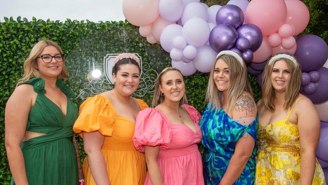 (From left) Jess Halsey, Jorjie Buckley, Jessica Faux, Tiffany Phelan and Chloe Mitchell. Weetwood Raceday at Toowoomba Turf Club. Saturday, September 28, 2024. Picture: Nev Madsen.