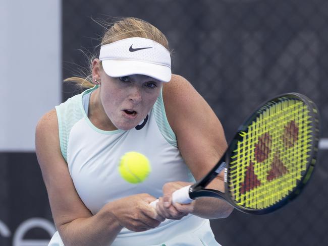 Alicia Dale focuses on her next shot during her Burnie International round one win over top seed Kyoka Okamura on Wednesday. Picture: Grant Wells Photo