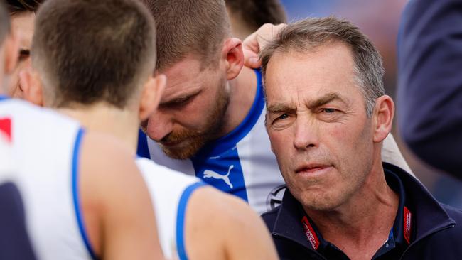 HOBART, AUSTRALIA - AUG 10: Alastair Clarkson, Senior Coach of the Kangaroos addresses his players during the 2024 AFL Round 22 match between the North Melbourne Kangaroos and the West Coast Eagles at Blundstone Arena on August 10, 2024 in Hobart, Australia. (Photo by Dylan Burns/AFL Photos via Getty Images)