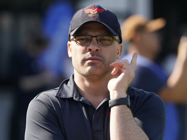 VAFA Premier Men's footy grand final at Elsternwick Park: Old Brighton v Old Scotch played at Elsternwick Park, Brighton. Old Scotch coach addressing players. Picture: Valeriu Campan