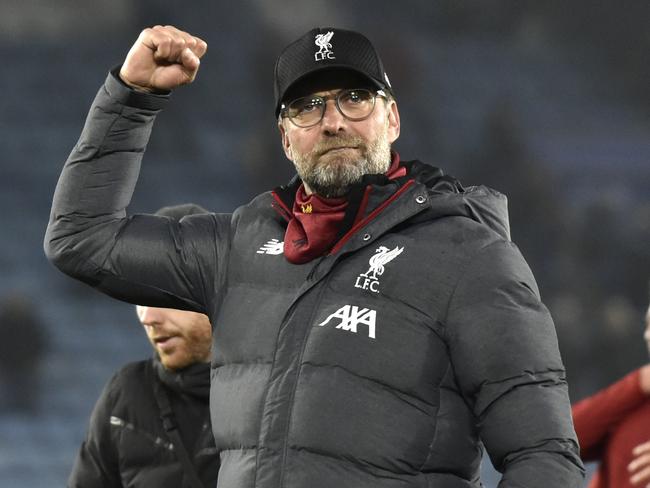 Liverpool's manager Jurgen Klopp reacts at the end of the English Premier League soccer match between Leicester City and Liverpool at the King Power Stadium in Leicester, England, Thursday, Dec. 26, 2019. (AP Photo/Rui Vieira)
