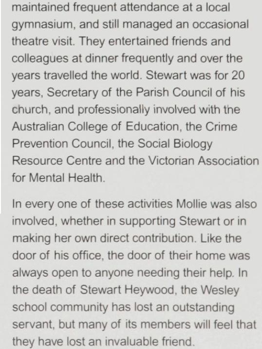 The school published a tribute for Mr Haywood after his sudden death in 2004.