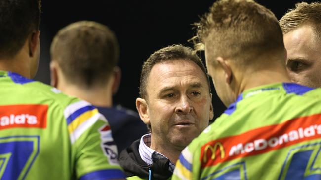 Ricky Stuart talks to his side after the Raiders beat the Sharks.