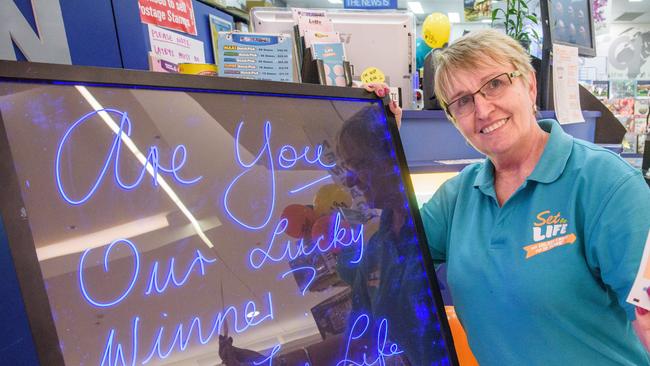 Owner of Shoppingworld News Rose Driver celebrating a previous lottery win at the newsagency.