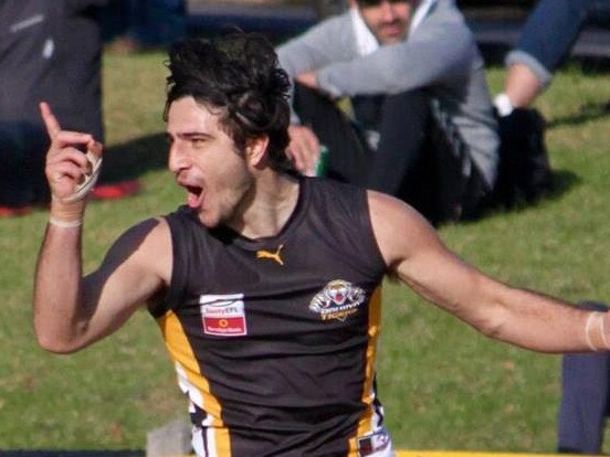 Daniel Scala celebrates a goal for Balwyn in the Eastern Football League (EFL). Picture: David Woodhouse