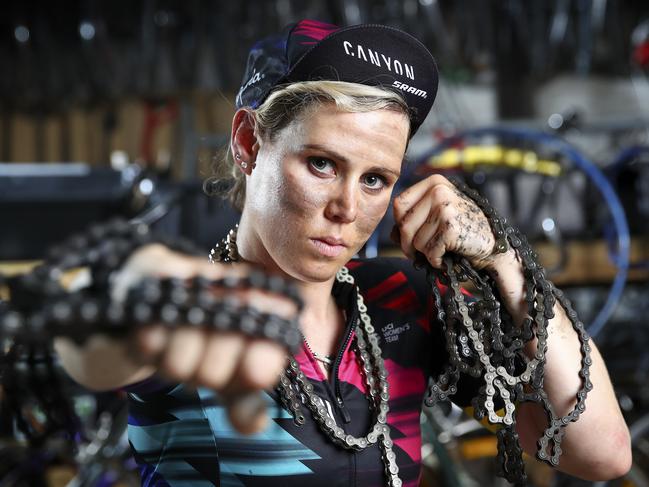 EMBARGOED FOR SATURDAY - NO INTERNET - CYCLING - Women of the Peloton. Australian rider Tiffany Cromwell who rides for Canyon Scram at The Adelaide Bike Kitchen at Bowden. Picture Sarah Reed