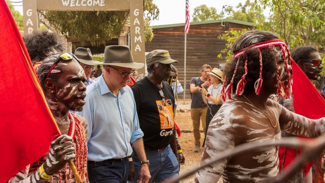 Prime Minister of Australia Anthony Albanese with Yolngu men during Garma Festival 2022. Picture: Tamati Smith/Getty Images