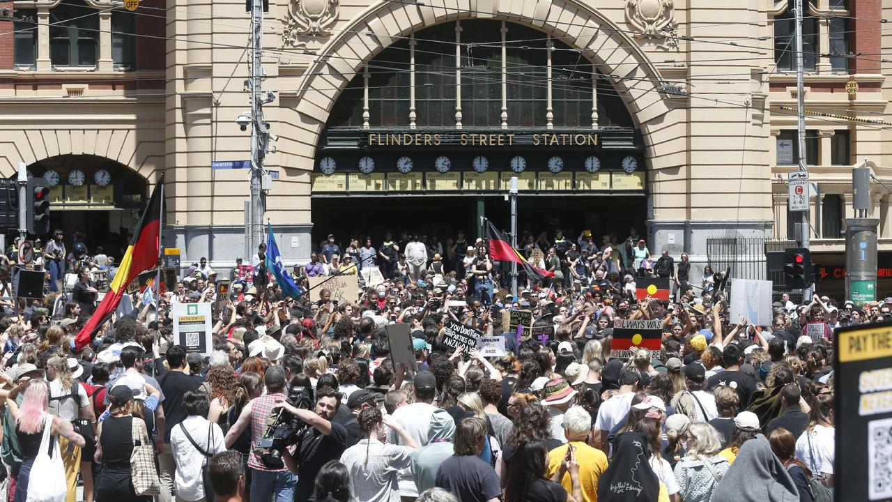 Huge crowds gather outside Victorian Parliament House in Melbourne for the annual Invasion Day rally. Picture: Valeriu Campan