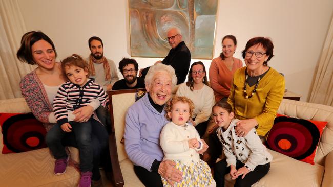 07/07/2019: Four generations in one room. 92 year old Huguette Setton surrounded by her family. Daughter Talya Pasmanik 68 (right) & her husband Joe 72 (back), Grand Kids-  Len Bennett 43, Davina Bennett 38, Philip Setton 31, Michelle 40, Katherine 36, & Great Grand kids Mali 7, Poppy 4 & Tara 2.  Stuart McEvoy/The Australian.