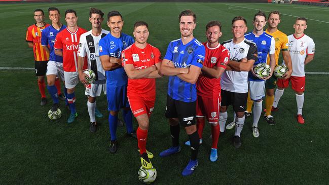 National Premier Leagues SA players (from left) Michael D’Aloisio (MetroStars), Chris Annicchiarico (Blue Eagles), Adam van Dommele (Raiders), Jackson Stephens (Adelaide City), Matthew Halliday (Olympic), Shaun Harvey (Campbelltown), Allan Welsh (Comets), Lachlan Brook (Adelaide United), Isaac Mullen (Para Hills), Michael Doyle (Modbury), Jack Schoen (Cumberland) and Luke Klimek (Croydon). Picture: Tom Huntley