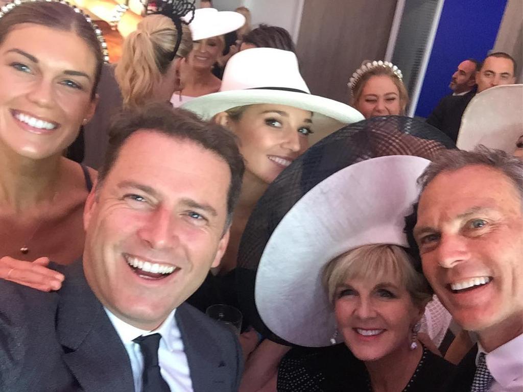 From left, Laura Panton, Karl Stefanovic, Jasmine Yarbrough, Julie Bishop and her partner David Panton at the Melbourne races.