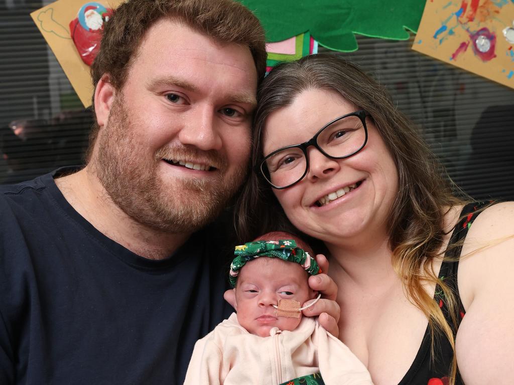 Baby Niamh Francis with parents Anne O’Rourke and Tim Francis in the NICU at Sunshine. She was born on November 20 at 32 weeks, four days. Picture: David Caird