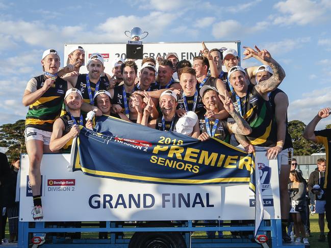 Dromana players celebrate their win in last year’s MPNFL Division 2 grand final. The Tigers will step up to Division 1 this year. Picture: Valeriu Campan