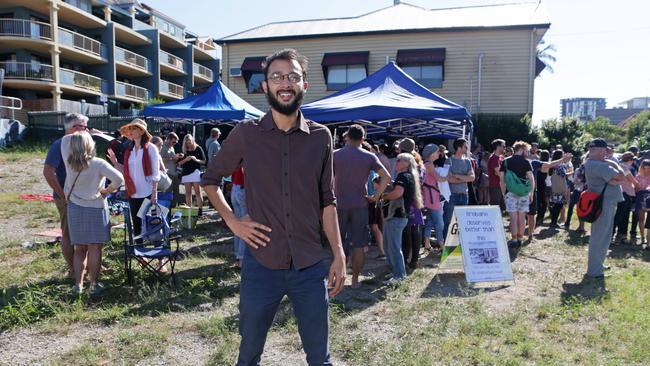 Greens councillor Jonathon Sri leads a rally to address Housing and Sustainable Development in West End. He says planning and infrastructure investment decisions are a concern to residents. Picture: Tim Marsden