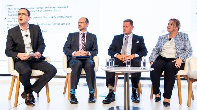 Cell and gene therapy panellists at the UBS Australasia conference on disruptive technologies, from left, Lawrence Gozlan, Dr Tim Oldham, Rob Hetherington and Michelle Burke. Picture: Michele Mossop