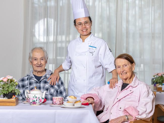 Aged Care Quality and Safety Commission Chef Yan Xu and residents of St Bedes aged care home Gloria Mcara and Arthur Andonpoulos enjoying the food that is being prepared at the aged care home. Picture Thomas Lisson