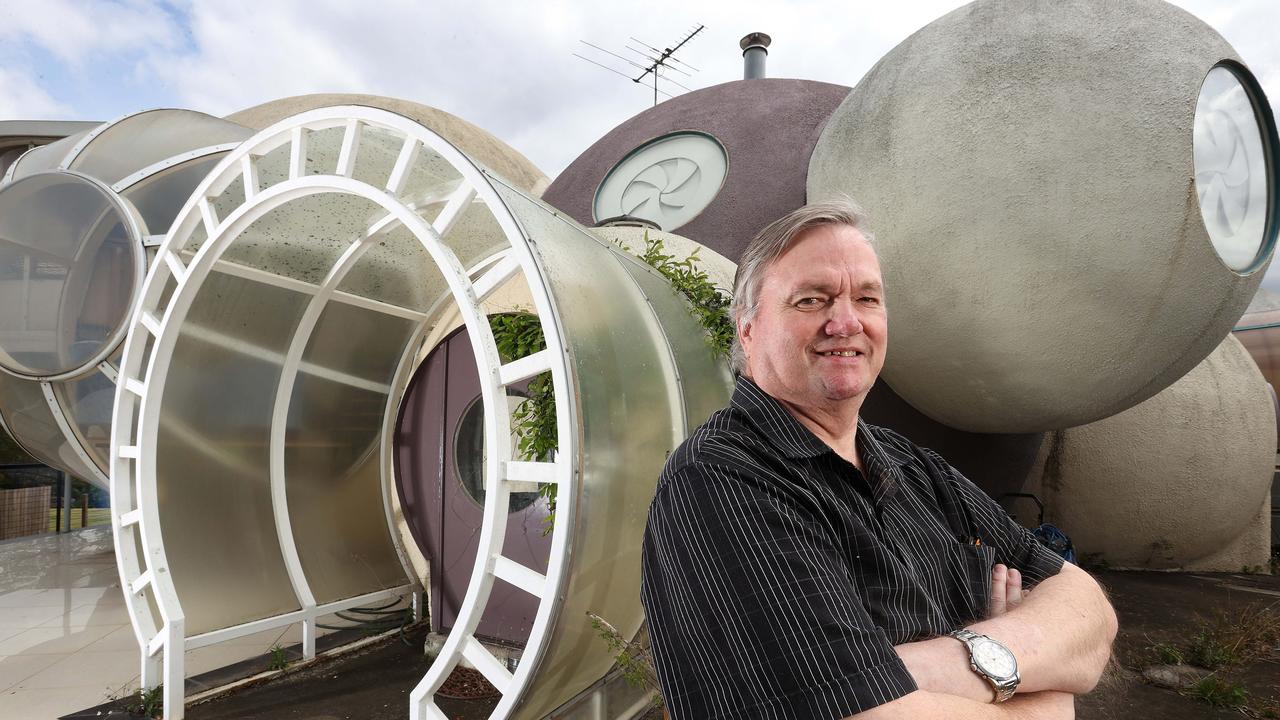 Graham Birchall at his futuristic bubble house at Elanora Way, Karalee, which has been named the most popular street in Australia according to realestate.com.au data. Picture: Liam Kidston