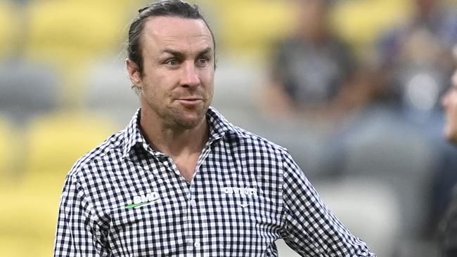 TOWNSVILLE, AUSTRALIA - MAY 24: Cowboys Assistant coach James Maloney looks on during the round 12 NRL match between North Queensland Cowboys and Wests Tigers at Qld Country Bank Stadium, on May 24, 2024, in Townsville, Australia. (Photo by Ian Hitchcock/Getty Images)