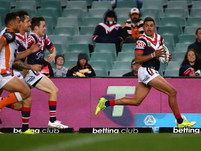 Latrell Mitchell flies down the left flank. Picture: Getty Images