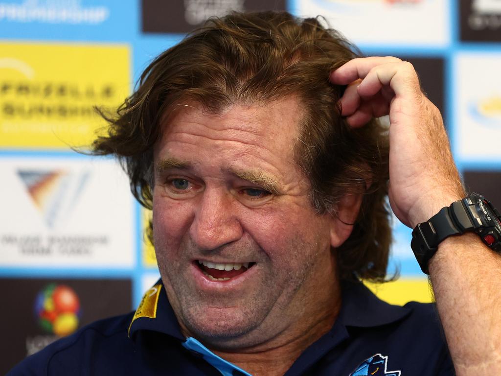 GOLD COAST, AUSTRALIA – MARCH 30: Des Hasler head coach of the Titans speaks to the media during the round four NRL match between Gold Coast Titans and Dolphins at Cbus Super Stadium, on March 30, 2024, in Gold Coast, Australia. (Photo by Chris Hyde/Getty Images)